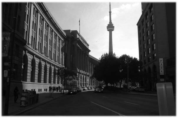 A Toronto street scene, including Union Station and the CN Tower